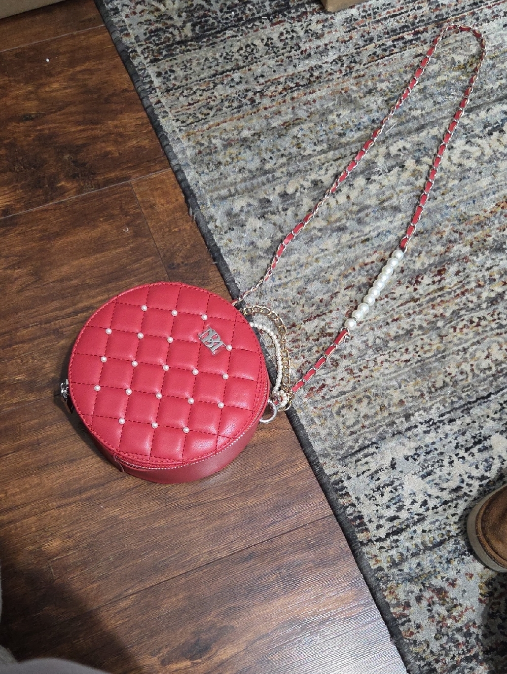 Red Quilted Round Crossbody Bag with Pearl Chain